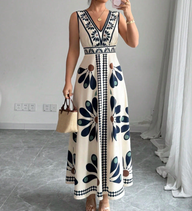 Damen Maxikleid mit voluminösem Blumenmuster und tiefem V-Ausschnitt Sovae