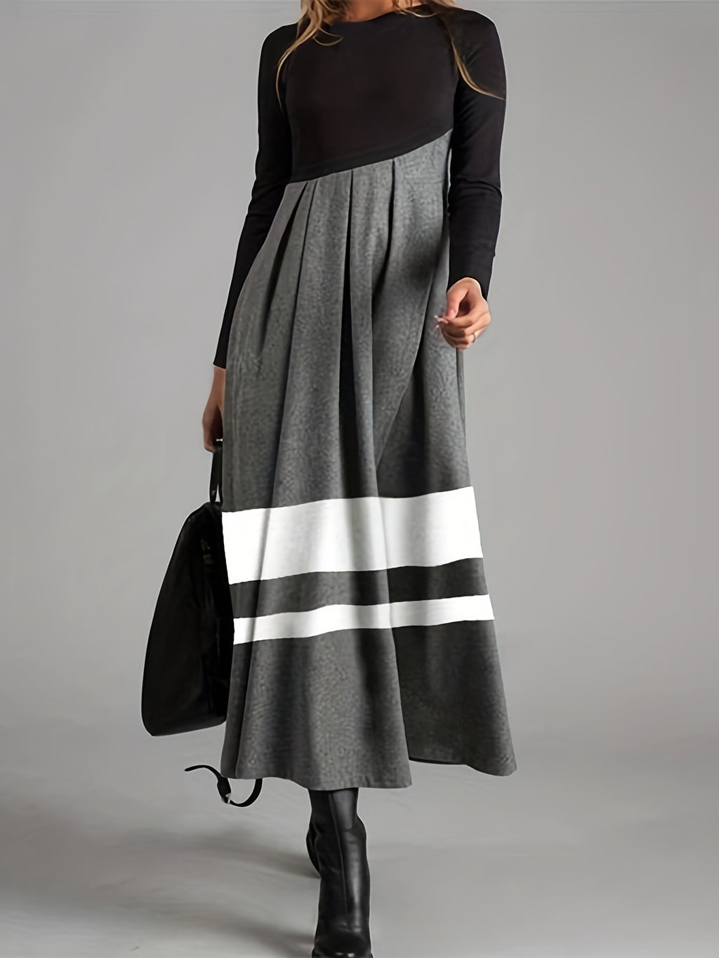 Damen elegantes Maxikleid mit Plissee und Kontraststreifen Sovae