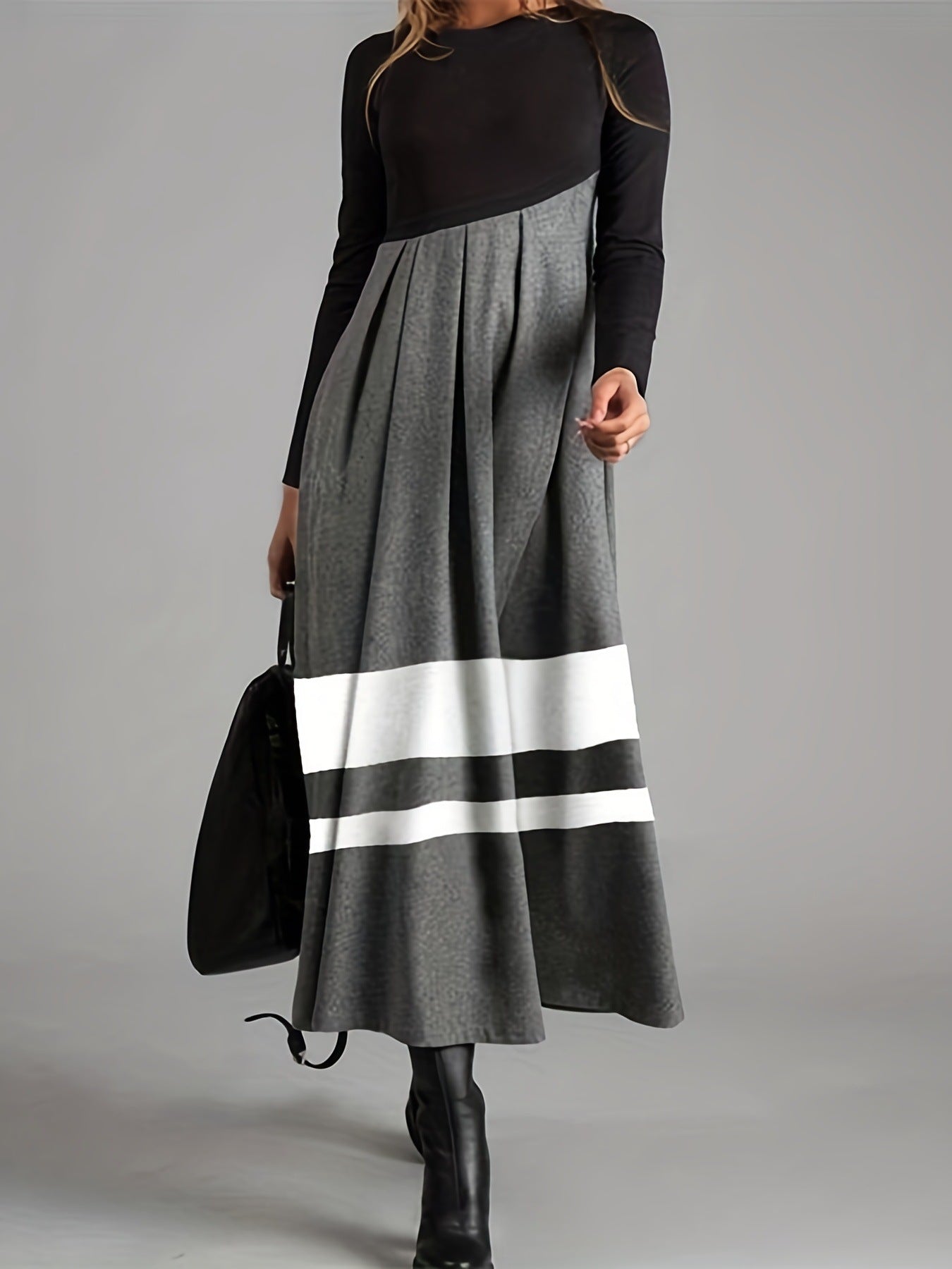 Damen elegantes Maxikleid mit Plissee und Kontraststreifen Sovae