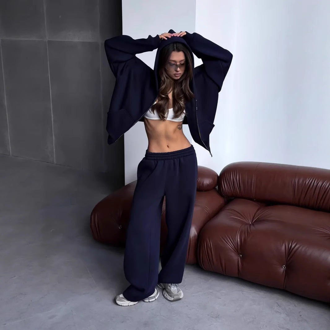 Damen stylischer Freizeit-Hoodie mit durchgehendem Reißverschluss und bequemen Jogginghosen Sovae