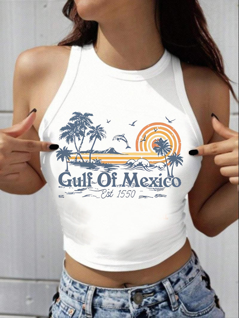 Damen Sportliches Cropped Tanktop mit Cocktailmotiv Sovae