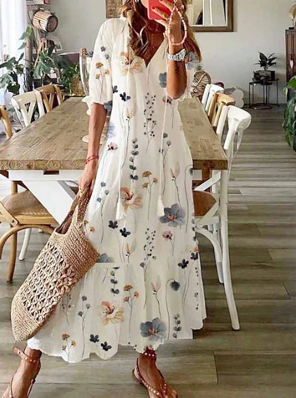 Damen Maxikleid mit floralen Stickereien und elegantem V-Ausschnitt Sovae
