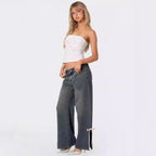 Damen Weit geschnittene Denim-Hose mit modischen Schnürdetails Sovae