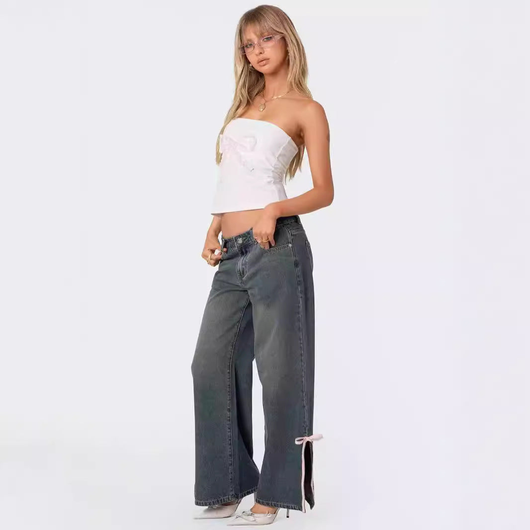 Damen Weit geschnittene Denim-Hose mit modischen Schnürdetails Sovae