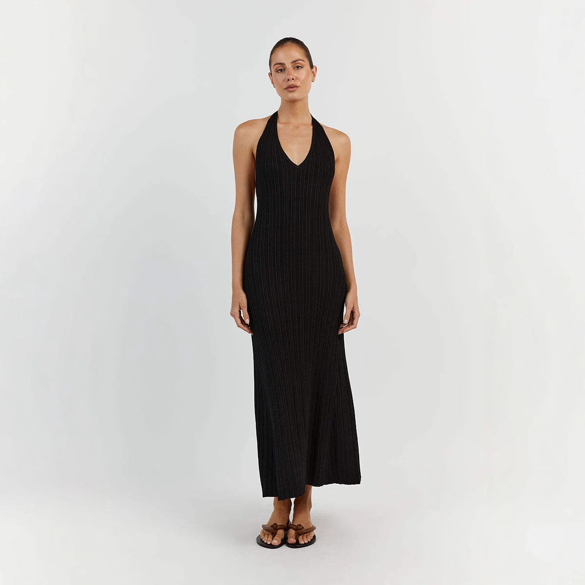 Damen Maxikleid mit raffiniertem Rippdesign und elegantem V-Ausschnitt Sovae