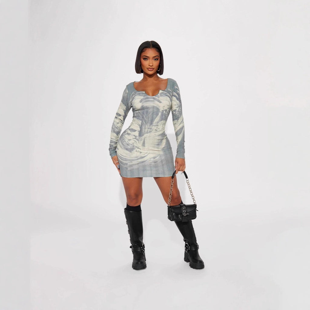 Damen figurbetontes Kleid mit tiefem Ausschnitt und langem Arm Sovae