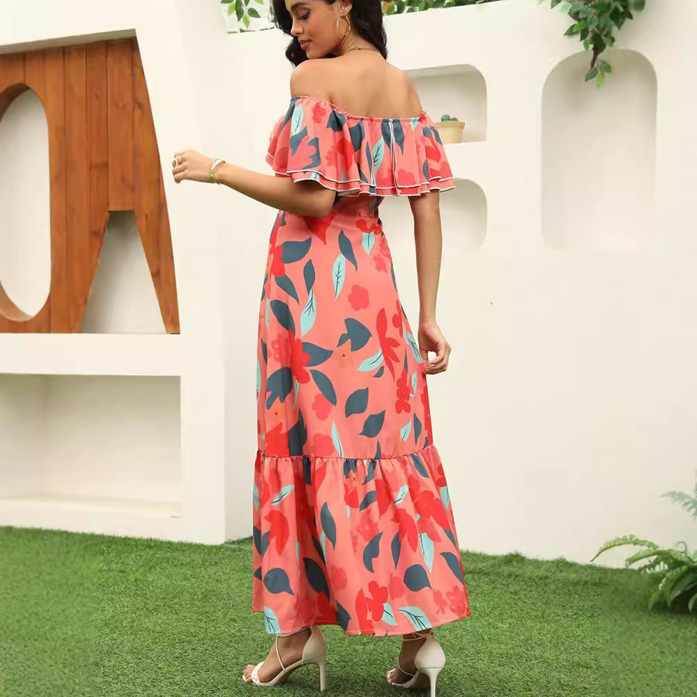 Damen Off-Shoulder Maxikleid mit Rüschensaum Sovae