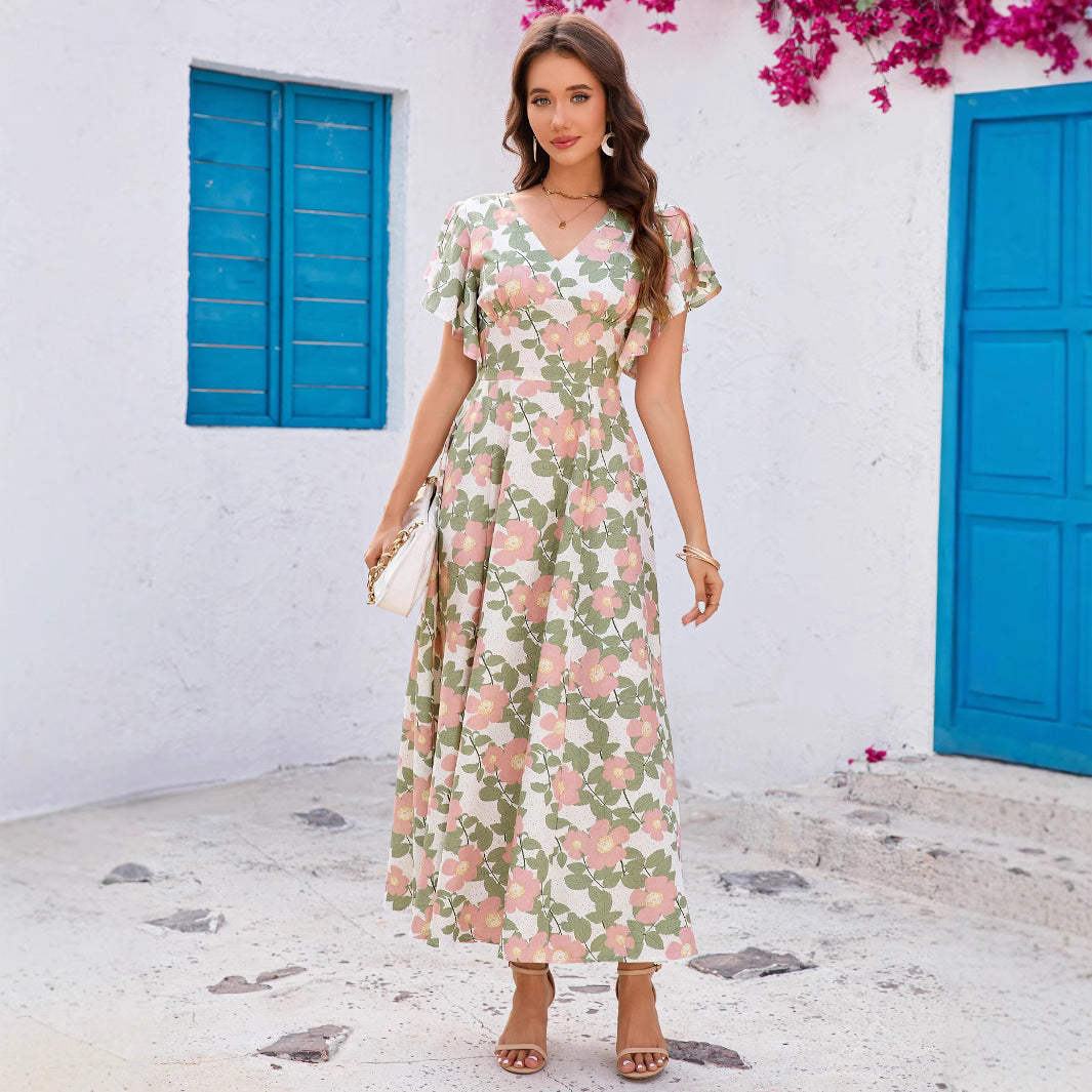 Damen Maxikleid mit femininem V-Ausschnitt und Rüschendetails Sovae