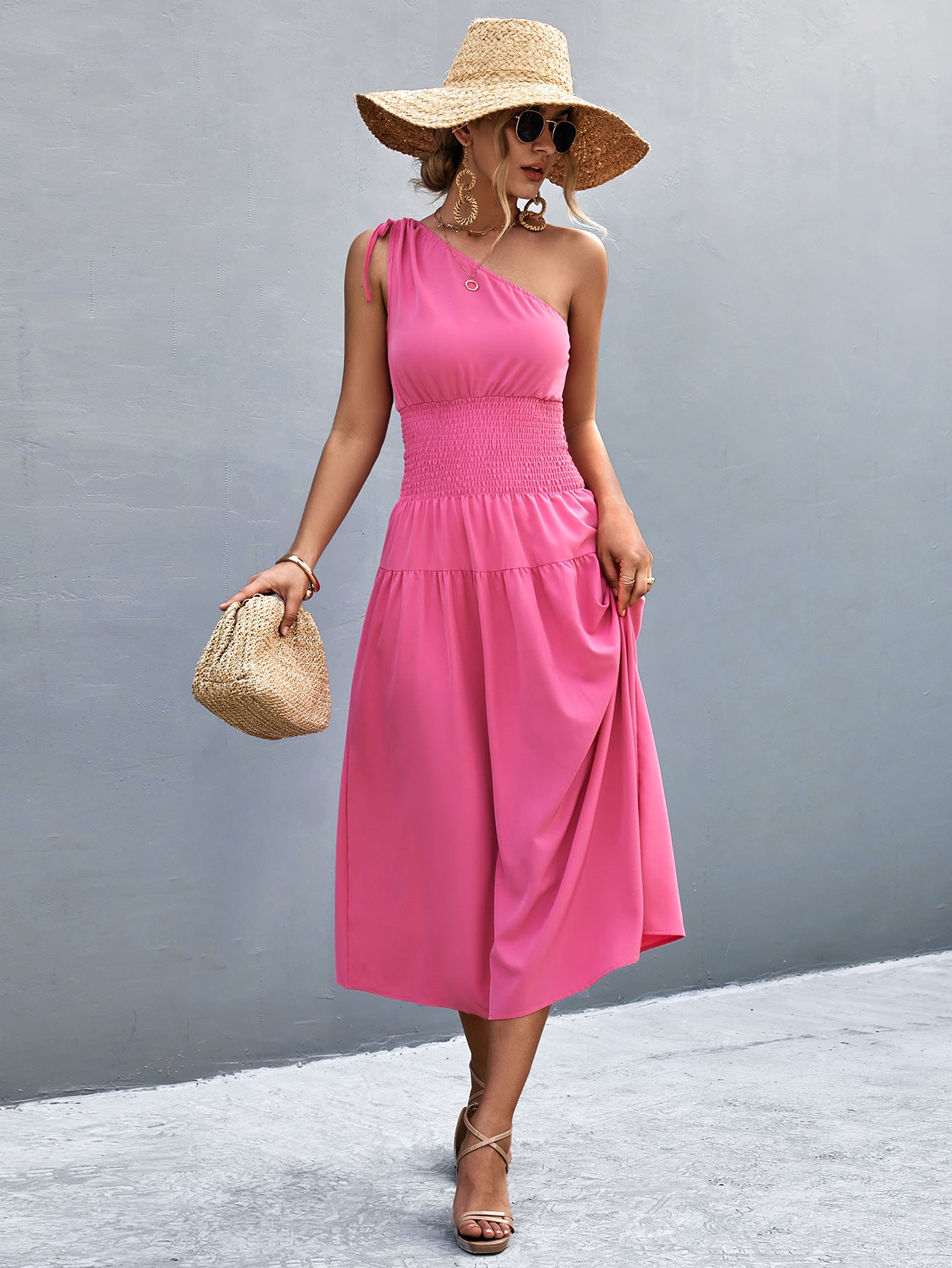 Damen Midikleid mit schnörkellosem Ein-Schulter-Design und elastischem Taillenband Sovae