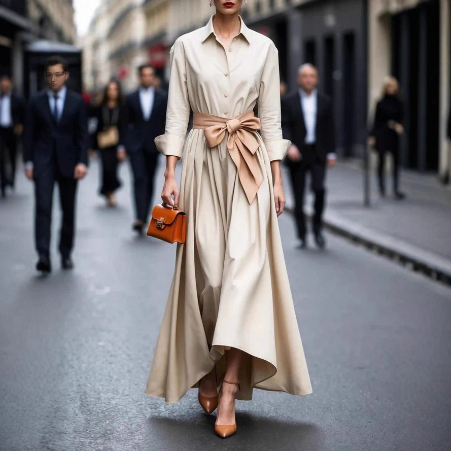 Damen Elegantes Langarm-Maxikleid mit Taillengürtel Sovae