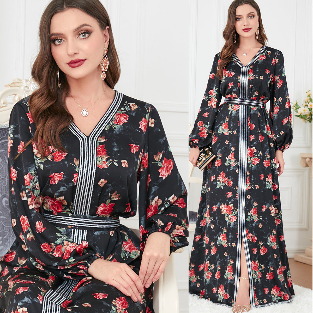 Damen Elegantes Maxikleid mit floraler Print und V-Ausschnitt Sovae