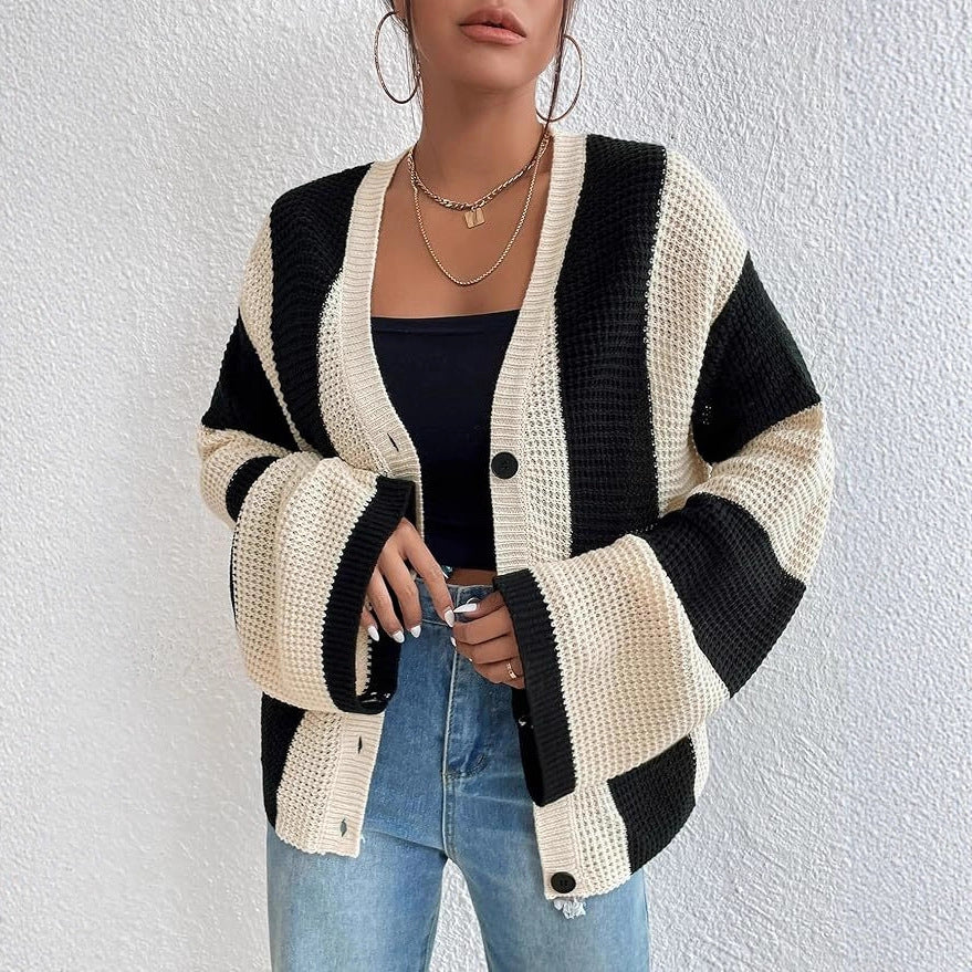 Damen stylische Strickjacke mit breiten Blockstreifen Sovae