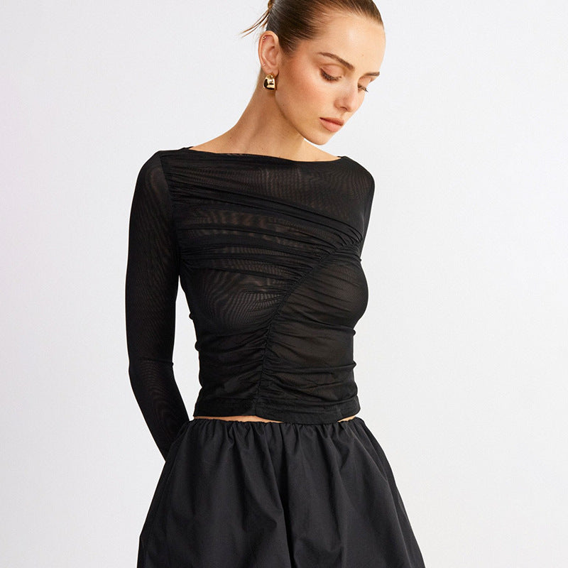 Damen elegantes Oberteil mit transparentem Design und drapiertem Stoff Sovae