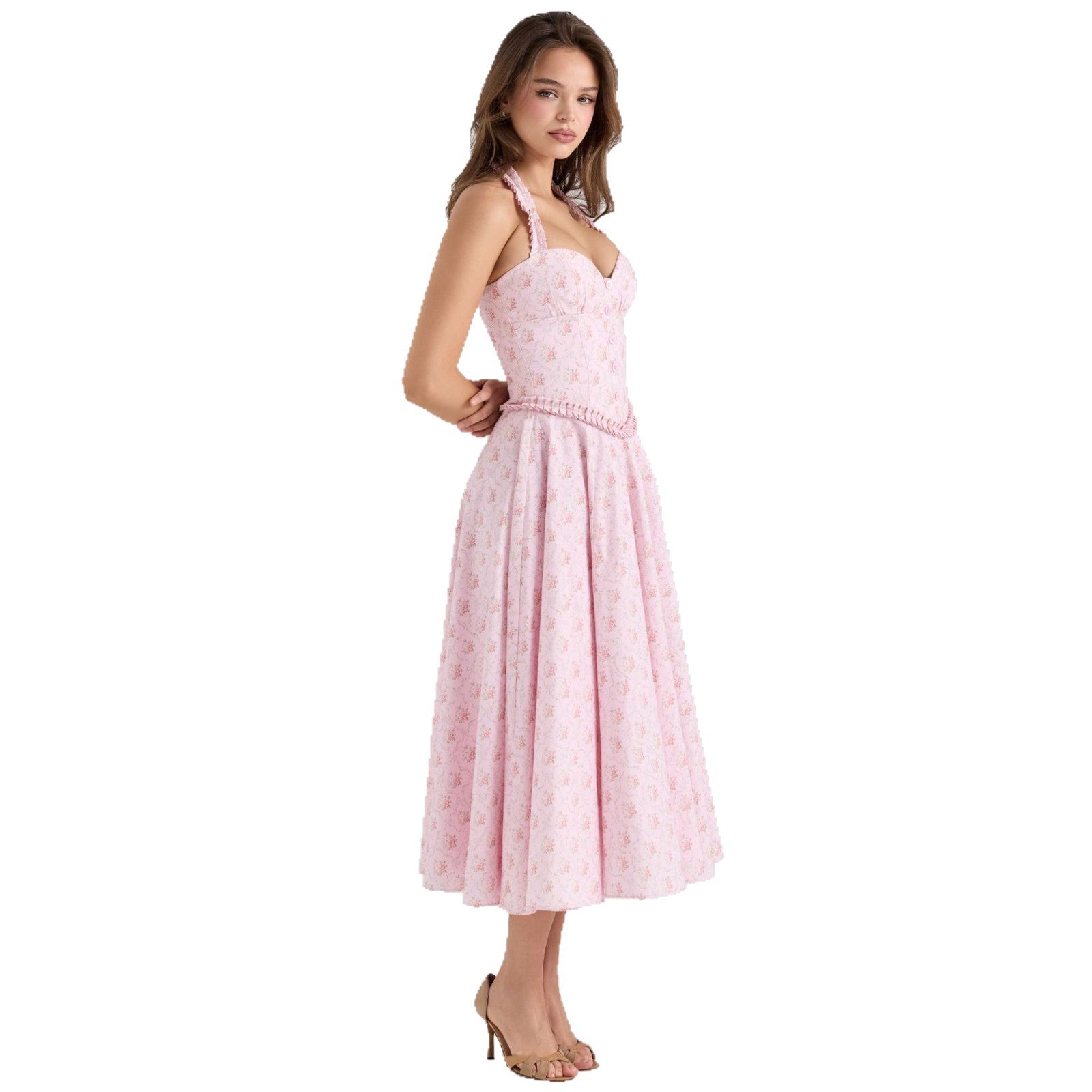 Damen Midikleid mit Blumenmuster und Hochzeitsgrafik Sovae