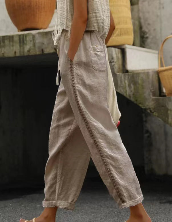 Damen Lockere Leinenhose mit seitlicher Knopfdetail Sovae