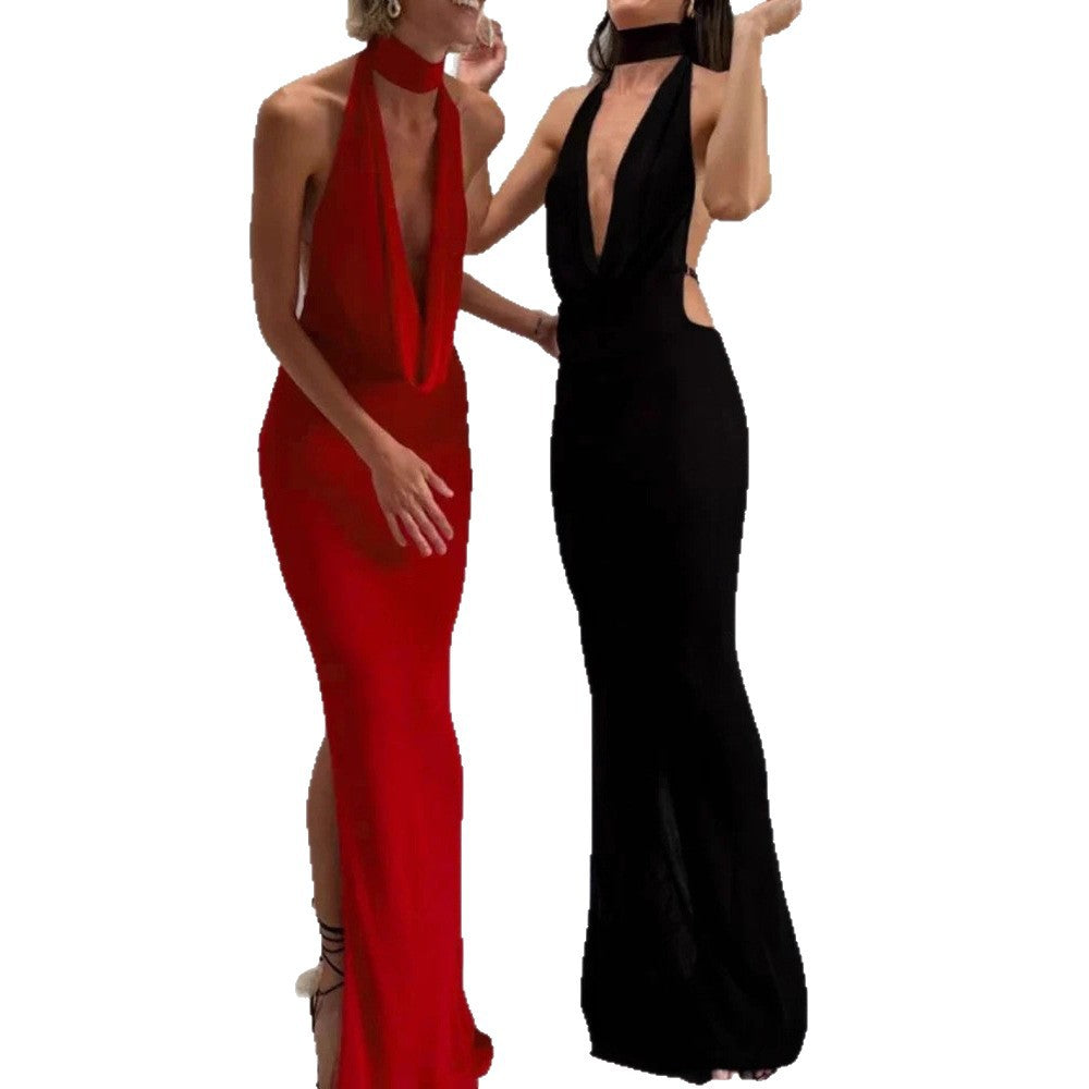 Damen elegantes Maxikleid mit tiefem Ausschnitt Sovae