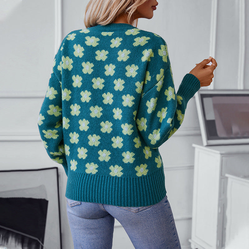 Damen Strickpullover mit floralem Muster und V-Ausschnitt Sovae