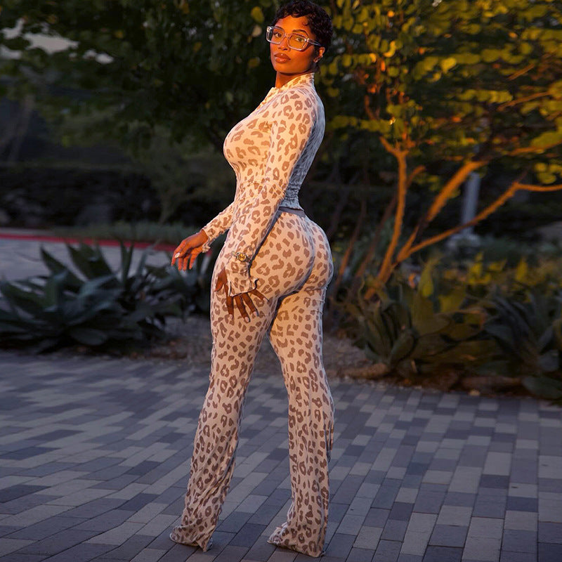 Damen Langarm-Jumpsuit mit Leopardenprint Sovae