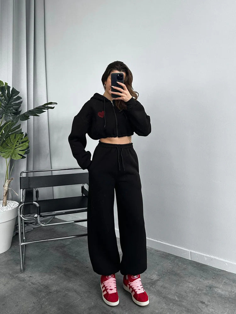 Damen Sportliches Crop-Set mit Kapuze und elastischer Taille Sovae