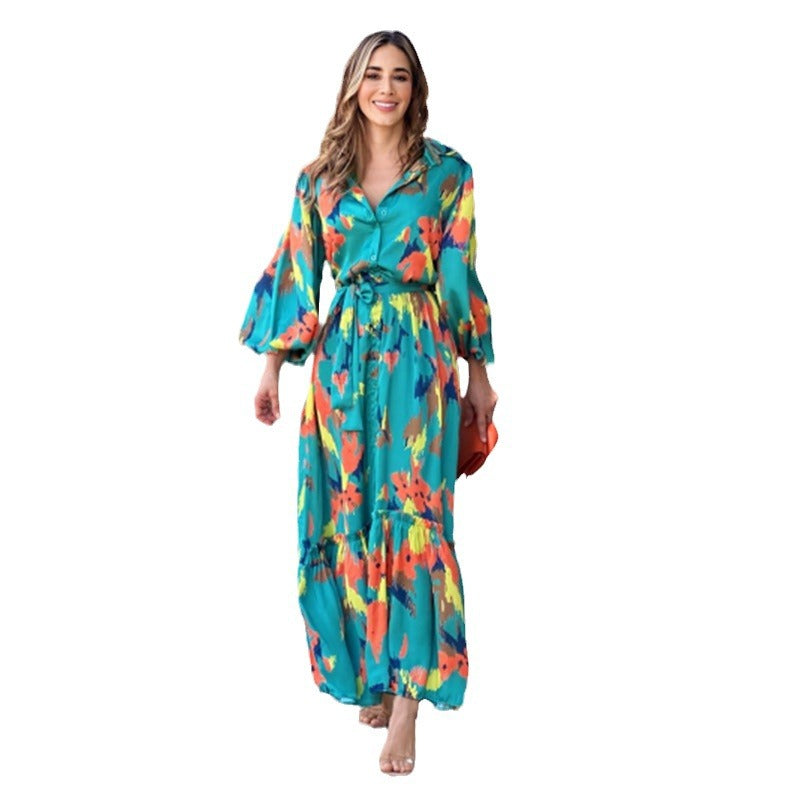 Damen luftiges Maxikleid mit buntem Grafikdesign und eleganten Rüschendetails Sovae