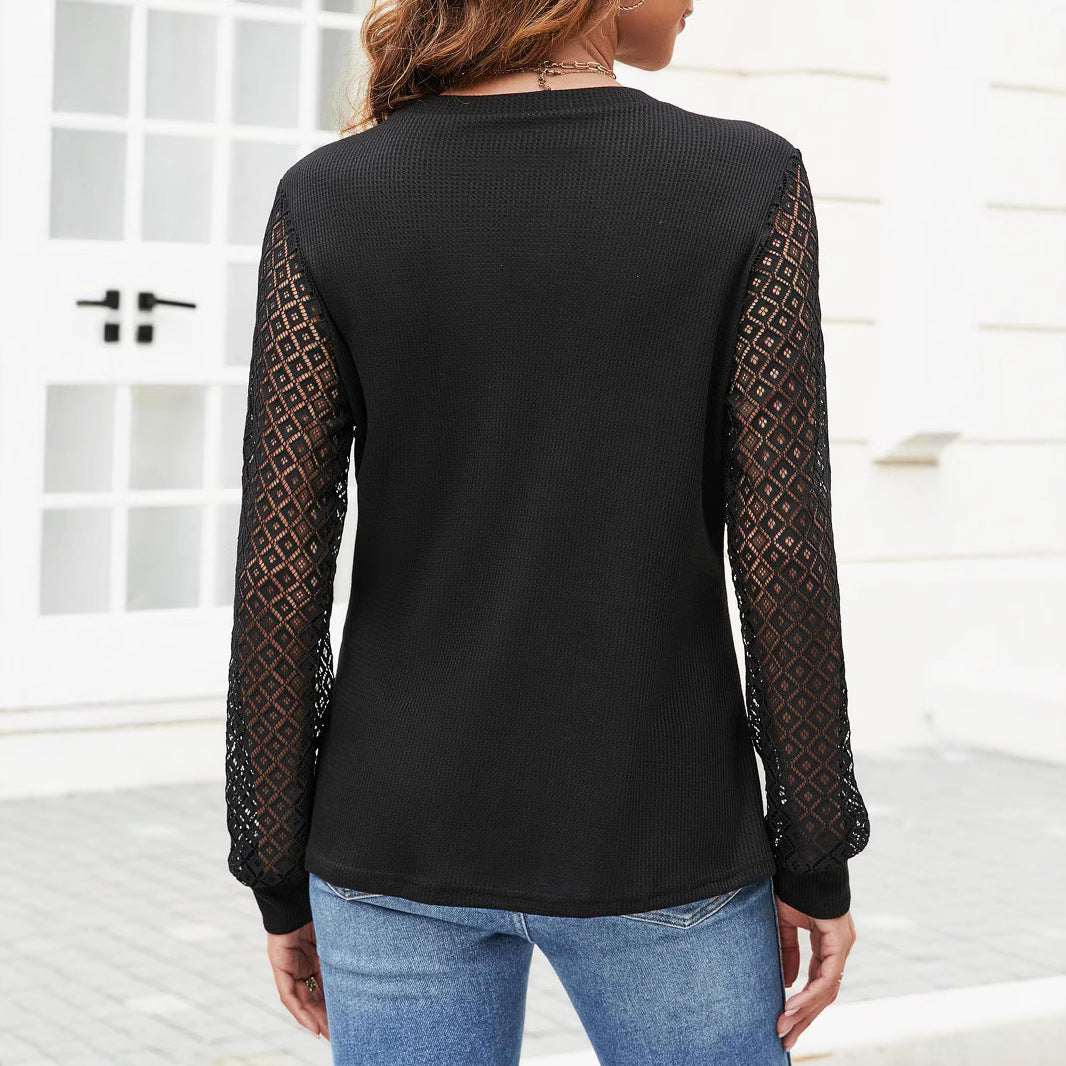 Damen eleganter Pullover mit raffinierten Spitzenärmeln Sovae