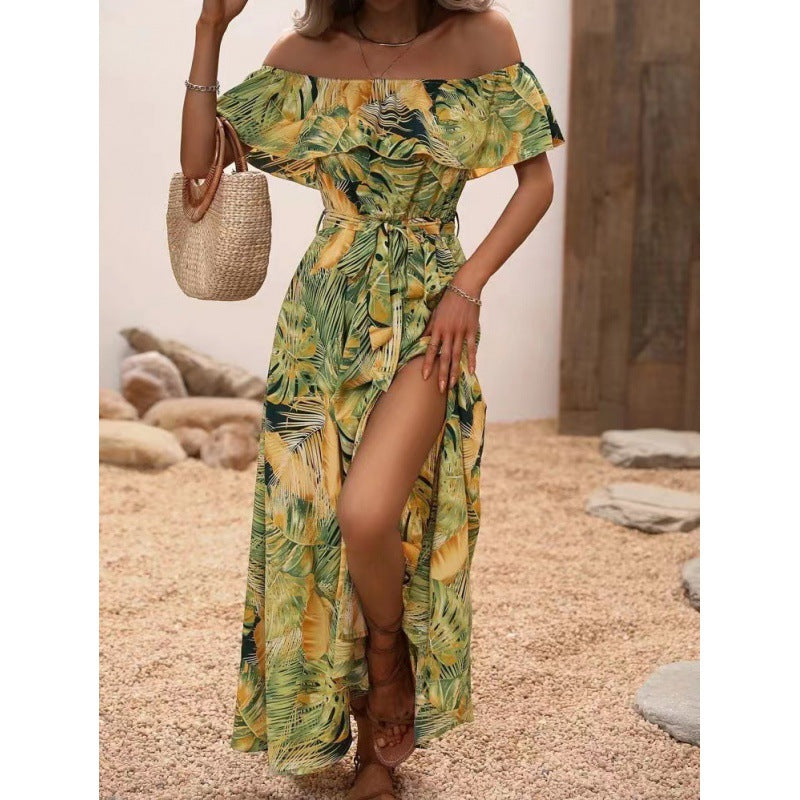 Damen Maxikleid mit Off-Shoulder-Ausschnitt und tiefem Schlitz Sovae