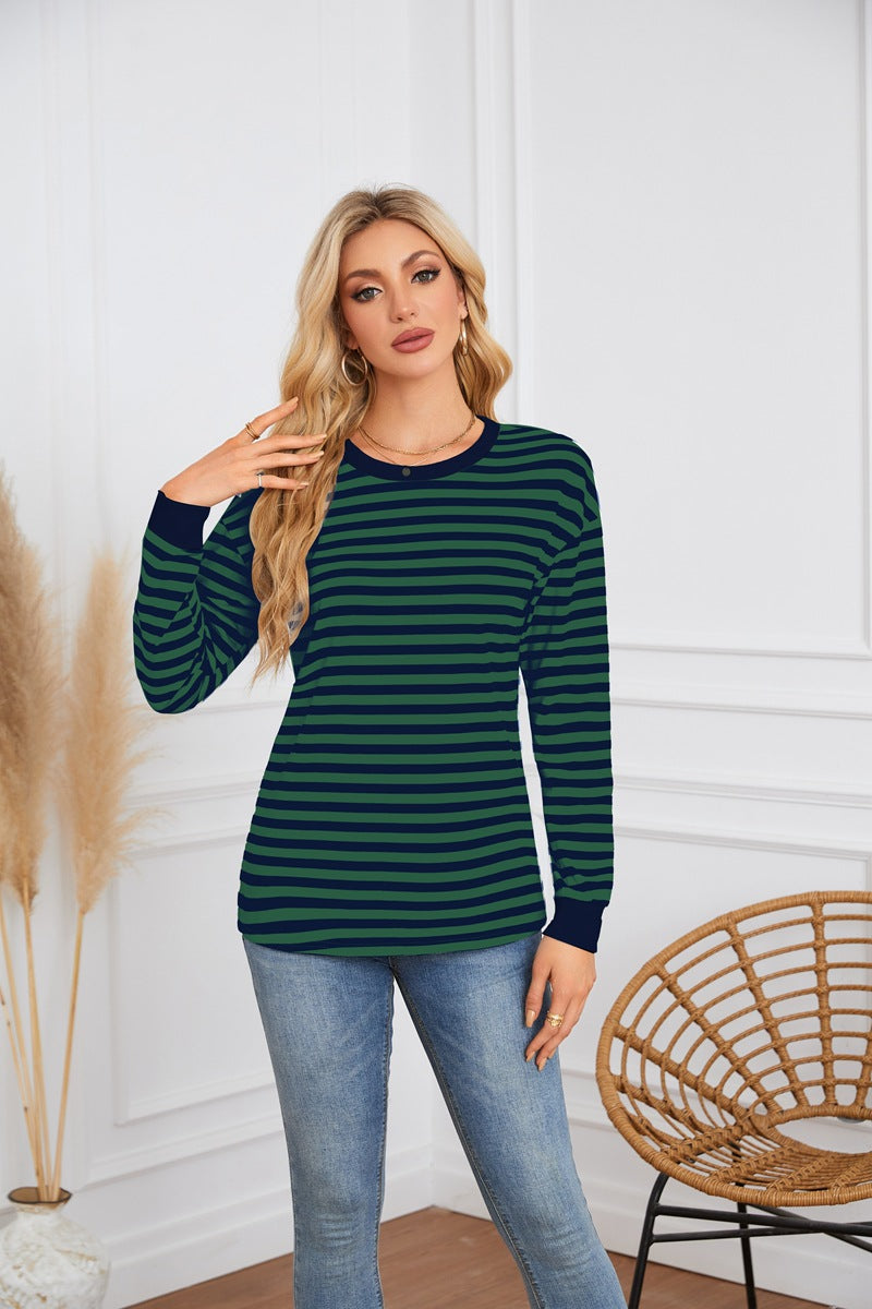 Damen gestreiftes Langarmshirt mit farblich abgesetztem Kragen Sovae