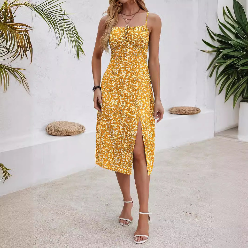 Damen Knielanges Floral-Sommerkleid mit Schlitz Sovae
