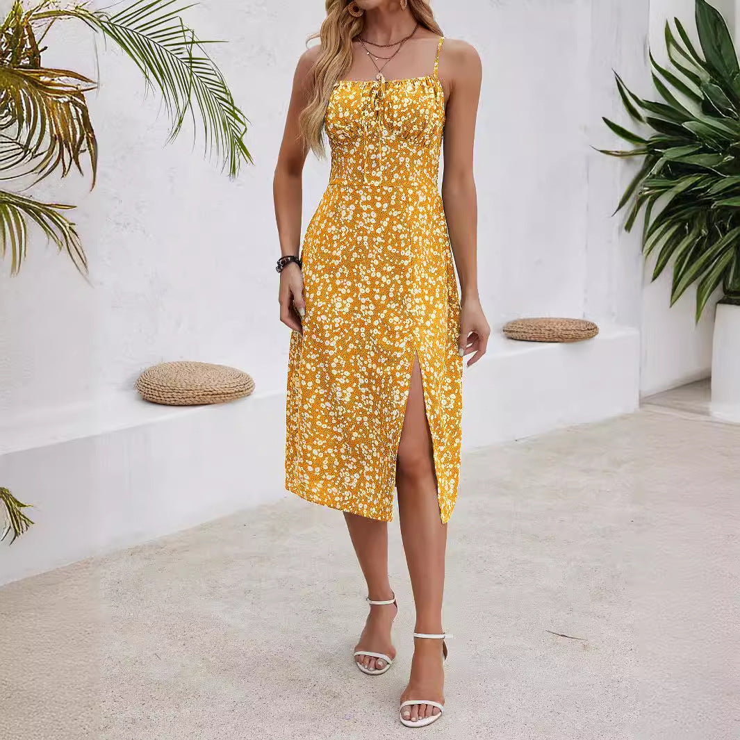 Damen Knielanges Floral-Sommerkleid mit Schlitz Sovae