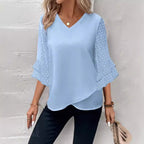 Damen V-Ausschnitt Bluse mit transparenten Puffärmeln Sovae