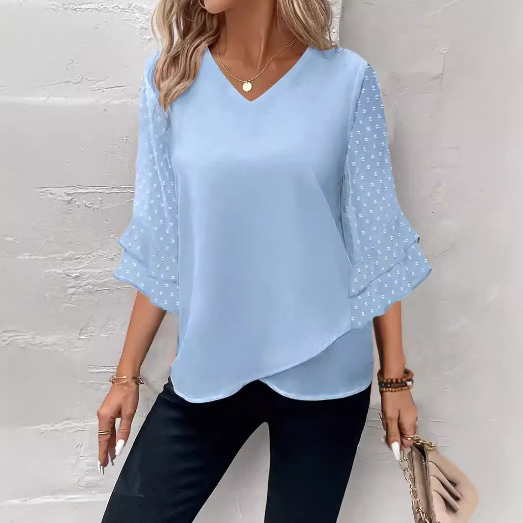 Damen V-Ausschnitt Bluse mit transparenten Puffärmeln Sovae