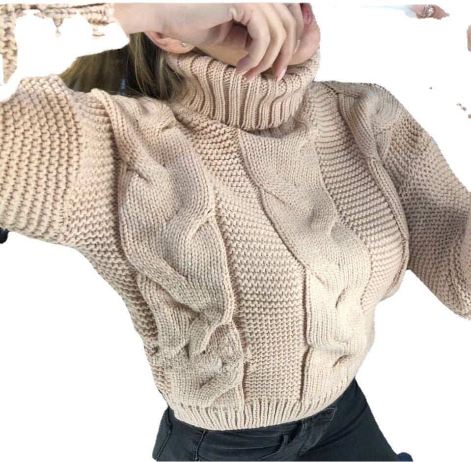 Damen oversized Strickpullover mit hohem Kragen und modischem Zopfmuster Sovae