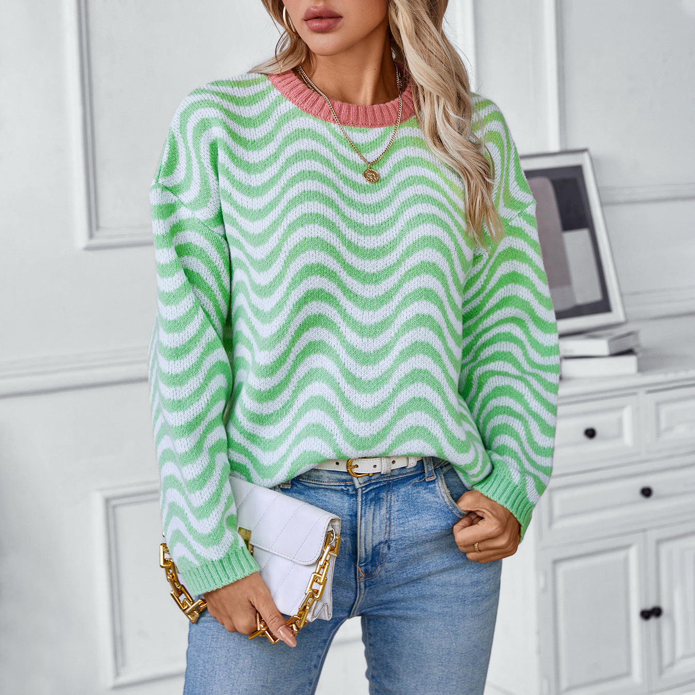 Damen gemütlicher Pullover mit modernen Wellenmustern und minimalistischer Passform Sovae