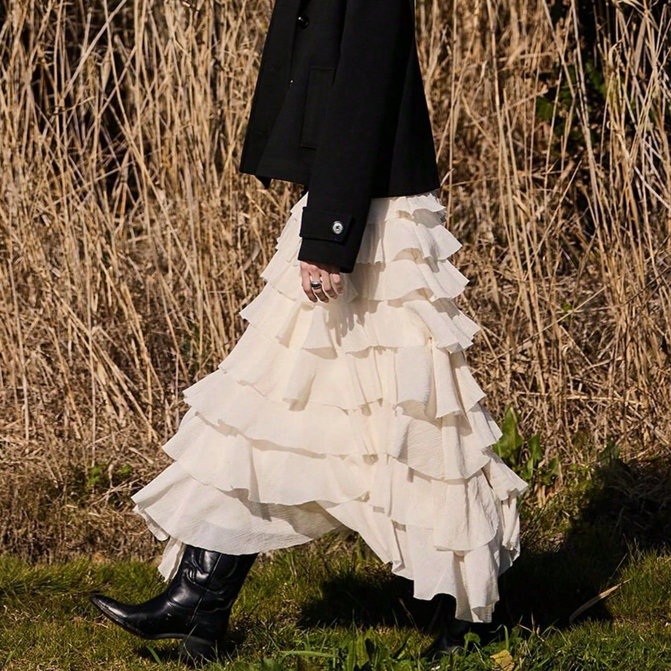 Damen gestufter Midi-Rock mit Rüschen und elastischem Bund Sovae