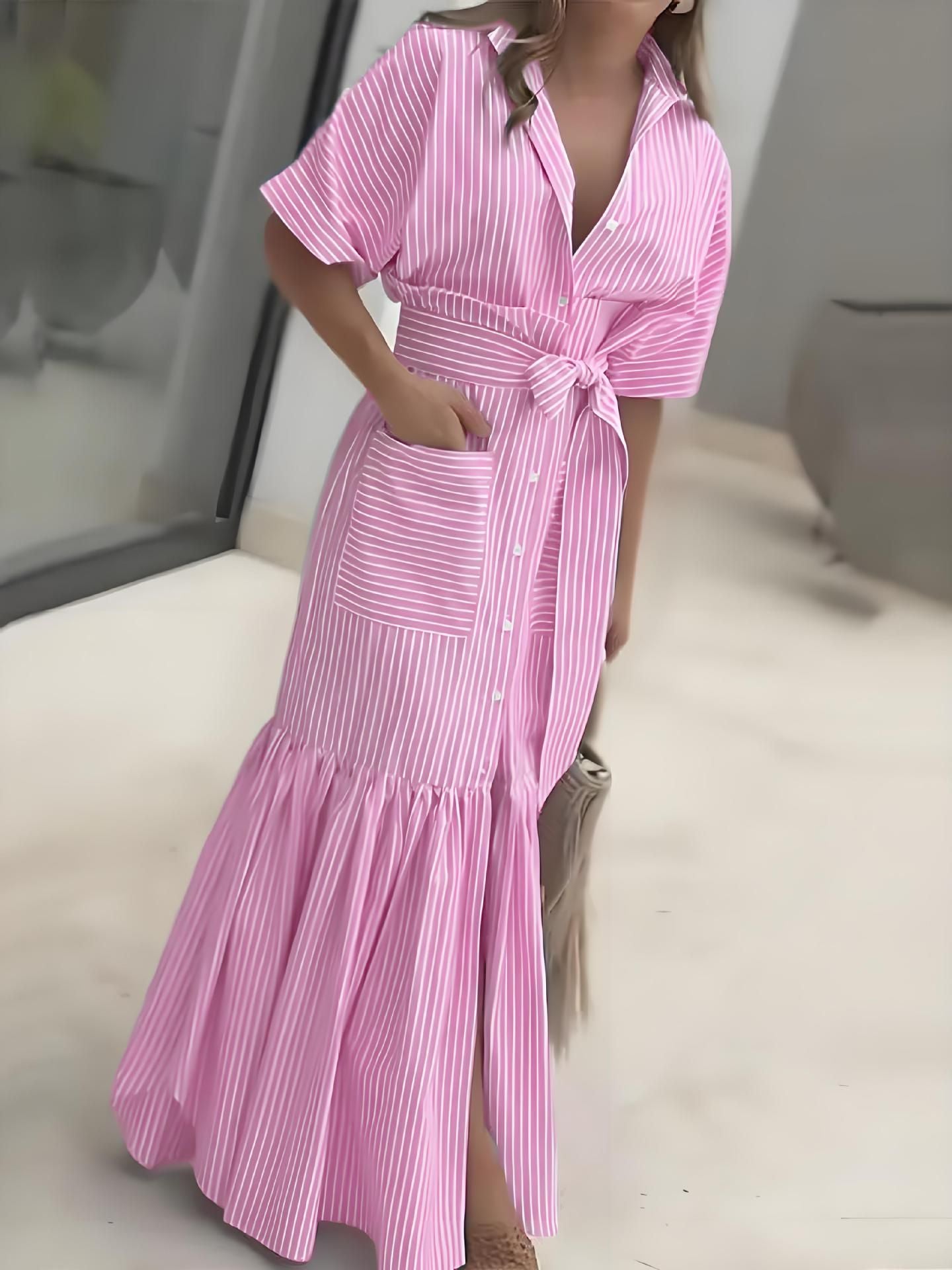 Damen Maxikleid mit Bindegürtel und Streifenmuster Sovae