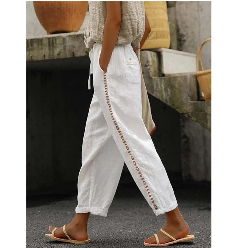 Damen Lockere Leinenhose mit seitlicher Knopfdetail Sovae