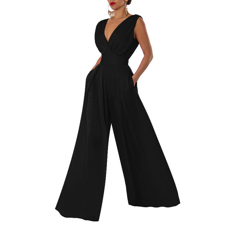 Damen eleganter Jumpsuit mit tiefem V-Ausschnitt und weitem Bein Sovae