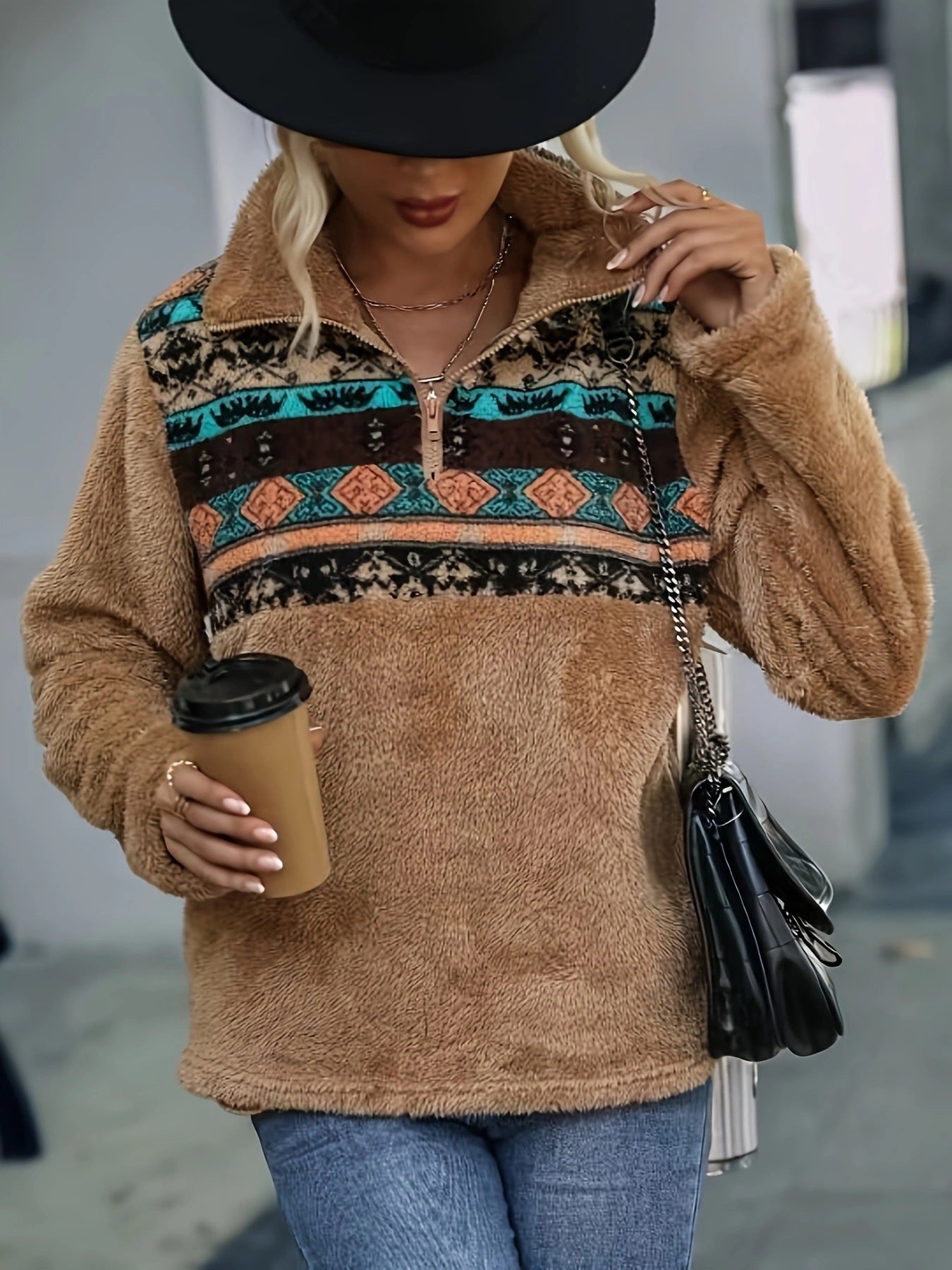 Damen Fleece-Pullover mit floralem Muster und praktischem halbhohem Reißverschluss Sovae