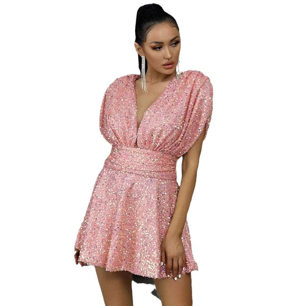 Damen Glamouröses Minikleid mit funkelnden Pailletten und voluminösen Ärmeln Sovae