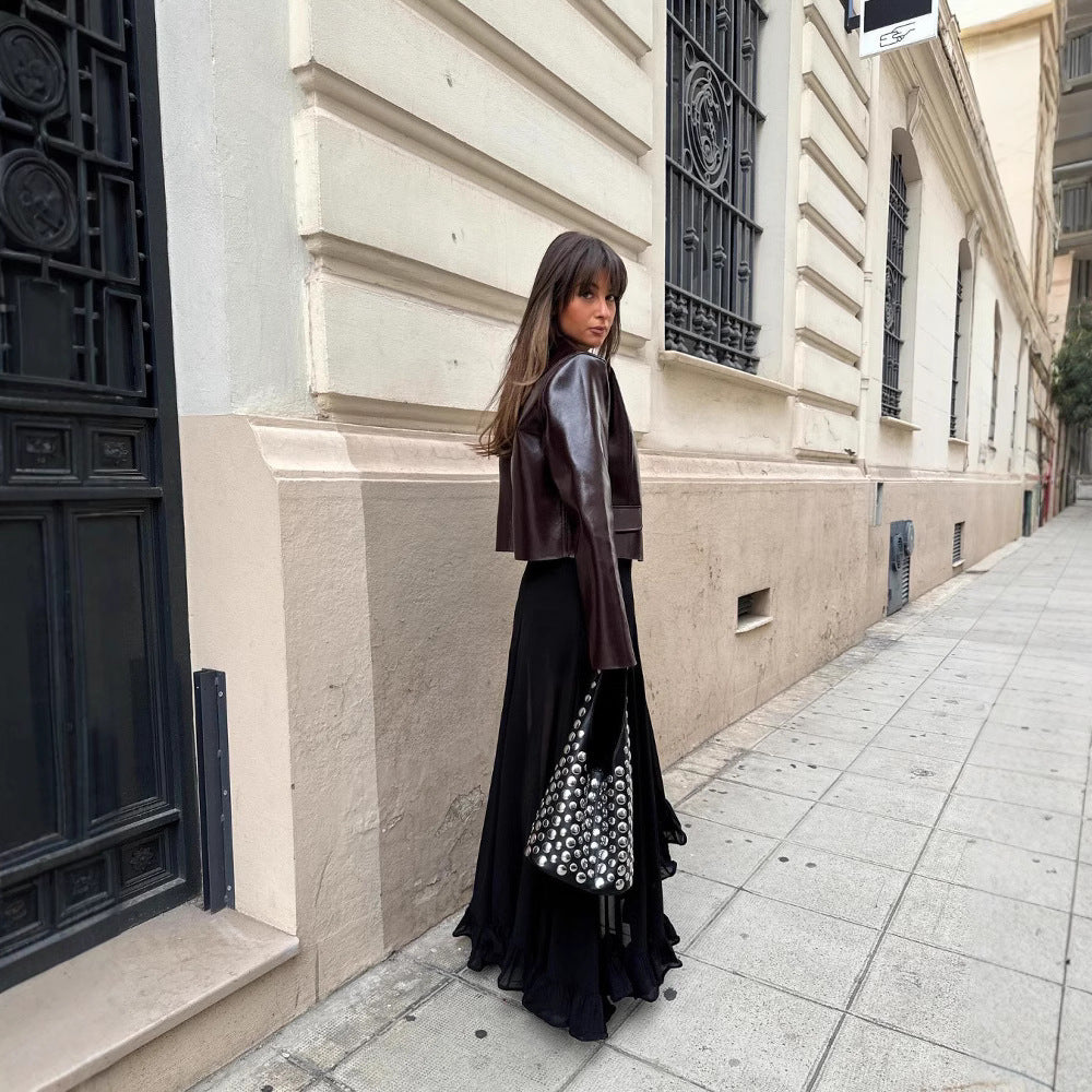 Damen Kunstleder Jacke mit Knopfdetails und eleganten Taschen Sovae