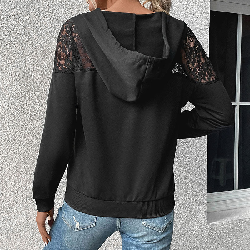 Damen Kapuzenpullover mit Spitzenbesatz und Kängurutasche Sovae