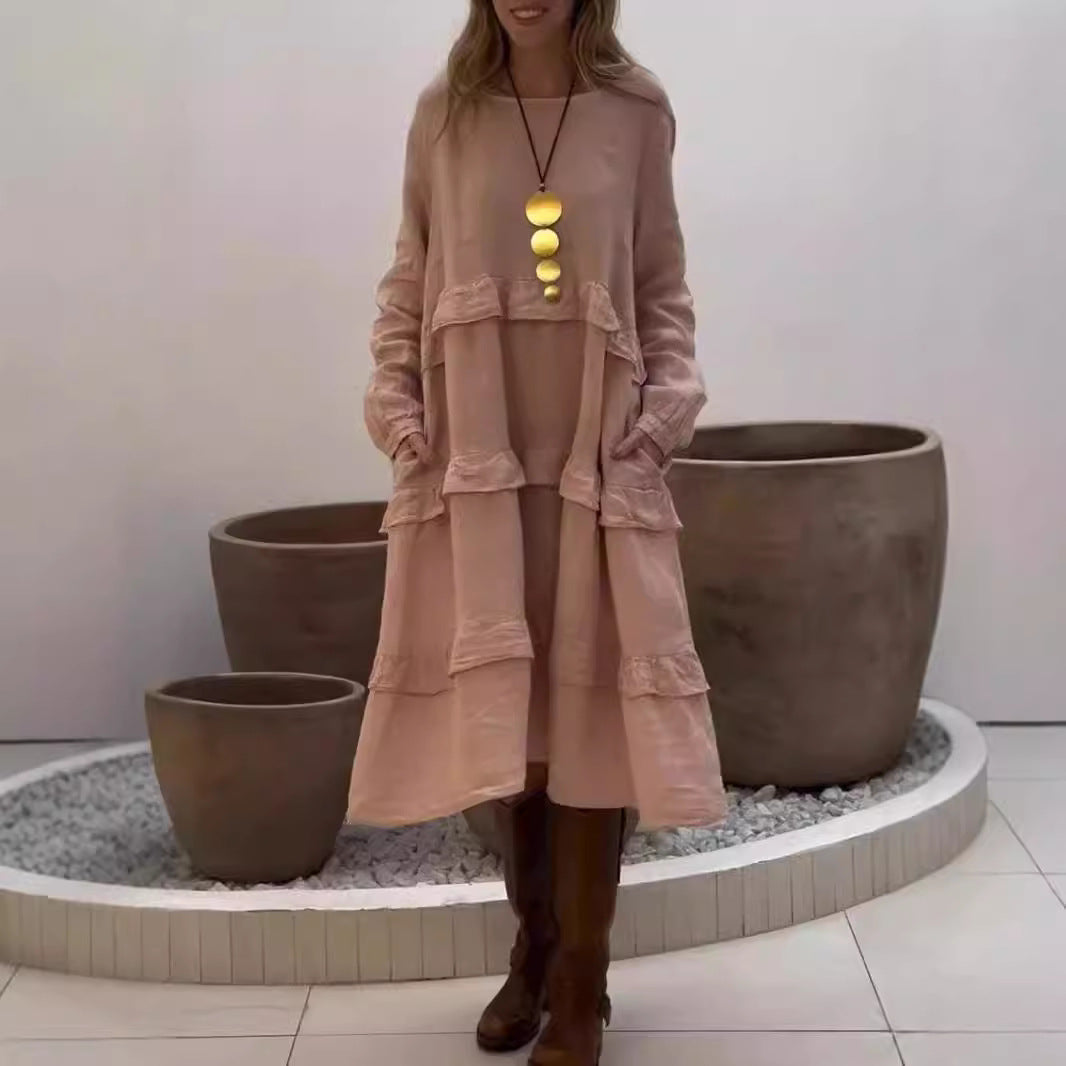 Damen luftiges Leinen-Midikleid mit Rüschendetails Sovae