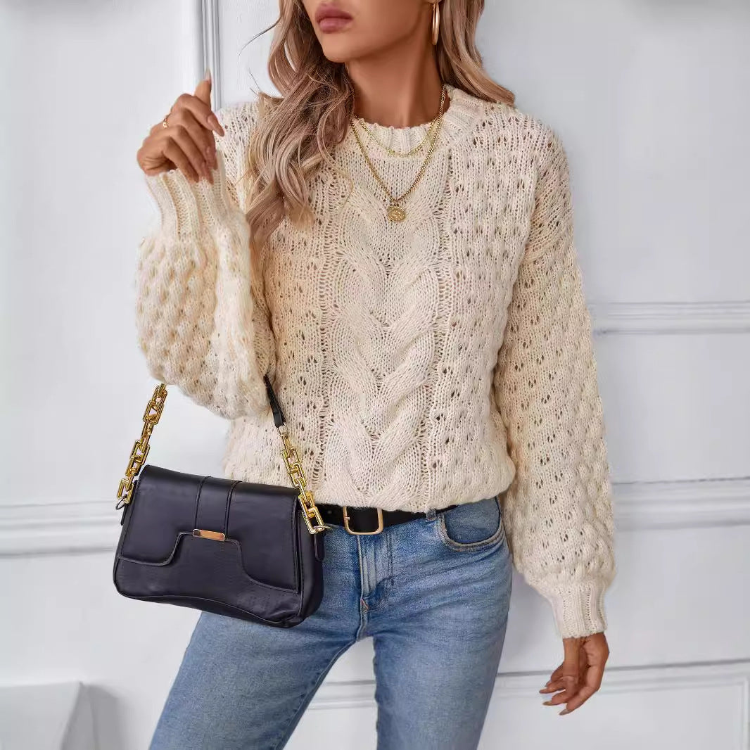 Damen gemütlicher Strickpullover mit strukturiertem Zopfmuster und lässigem Schnitt Sovae