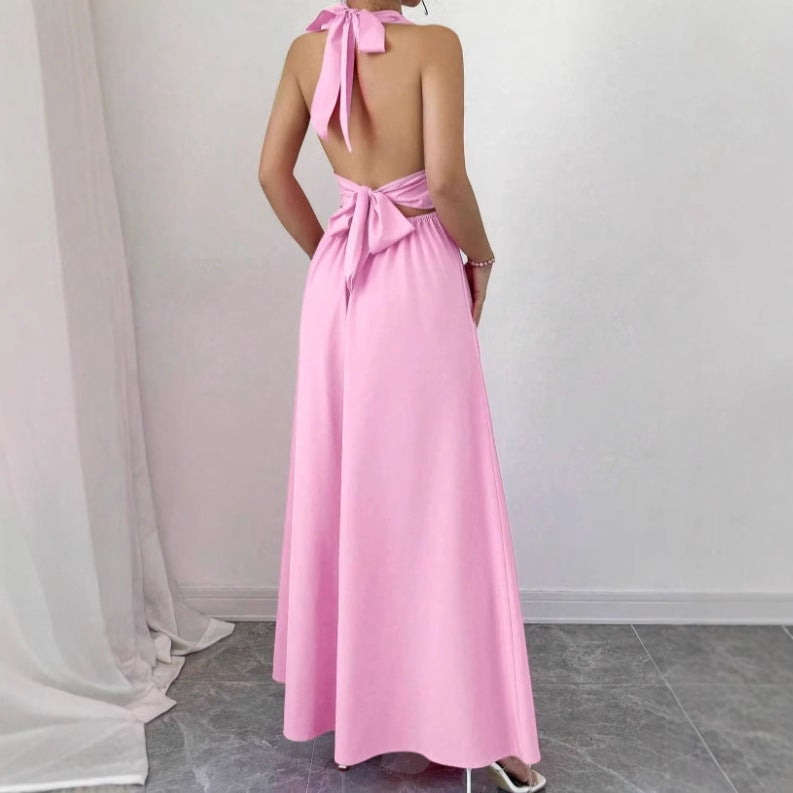 Damen schulterfreies Maxikleid mit verführerischem V-Ausschnitt und hochgeschlitztem Rock Sovae
