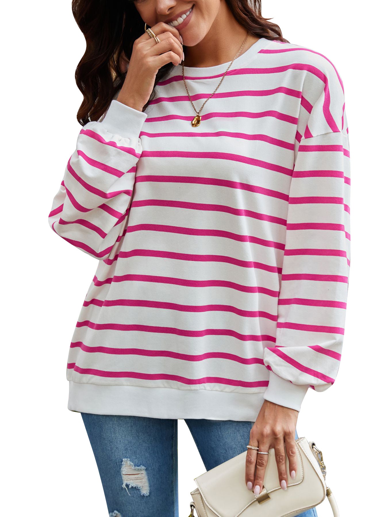 Damen gestreifter Pullover mit weitem Schnitt Sovae