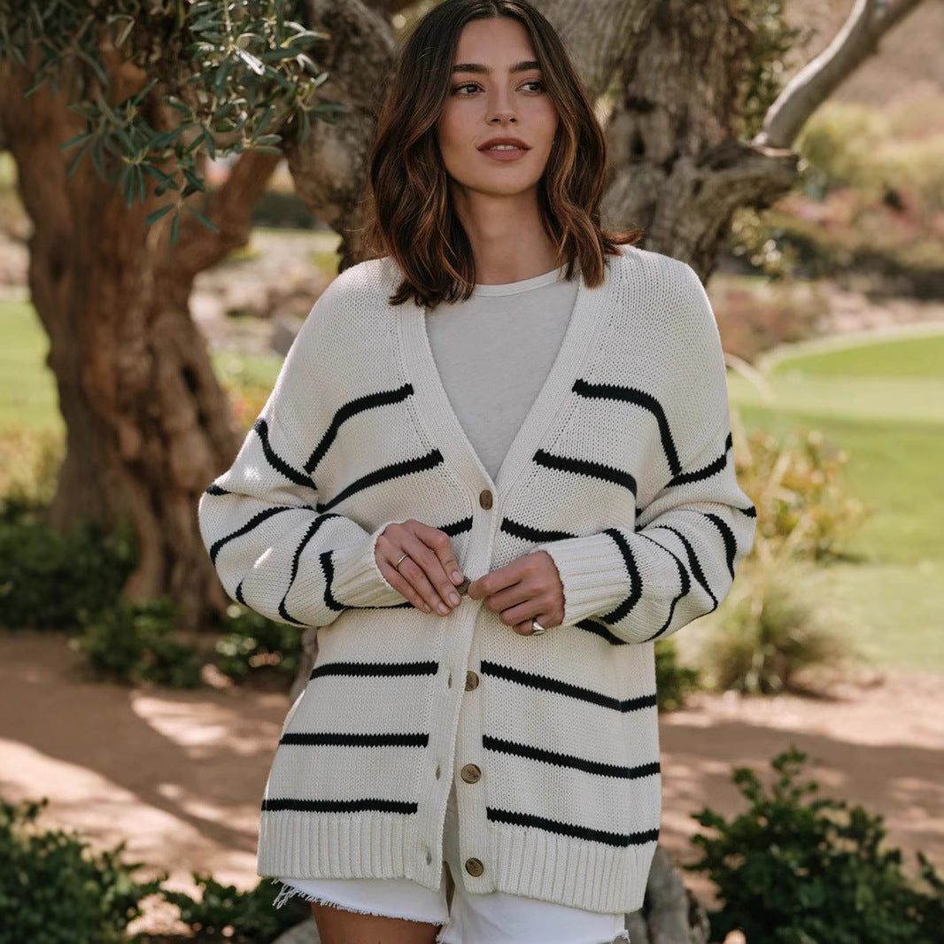 Damen Strickcardigan mit V-Ausschnitt und groben Streifen Sovae