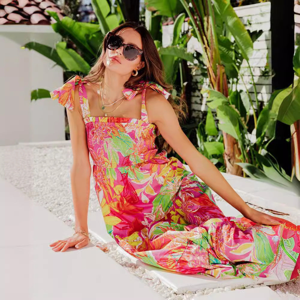 Damen Maxi-Kleid mit floralen Mustern und Trägerdetails Sovae