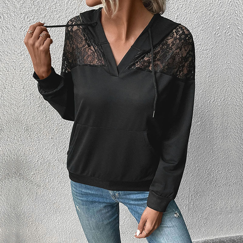 Damen Kapuzenpullover mit Spitzenbesatz und Kängurutasche Sovae