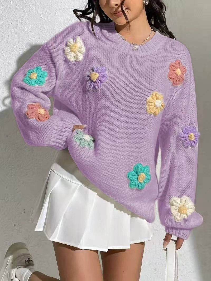 Damen blumengestickter Oversized-Pullover Sovae