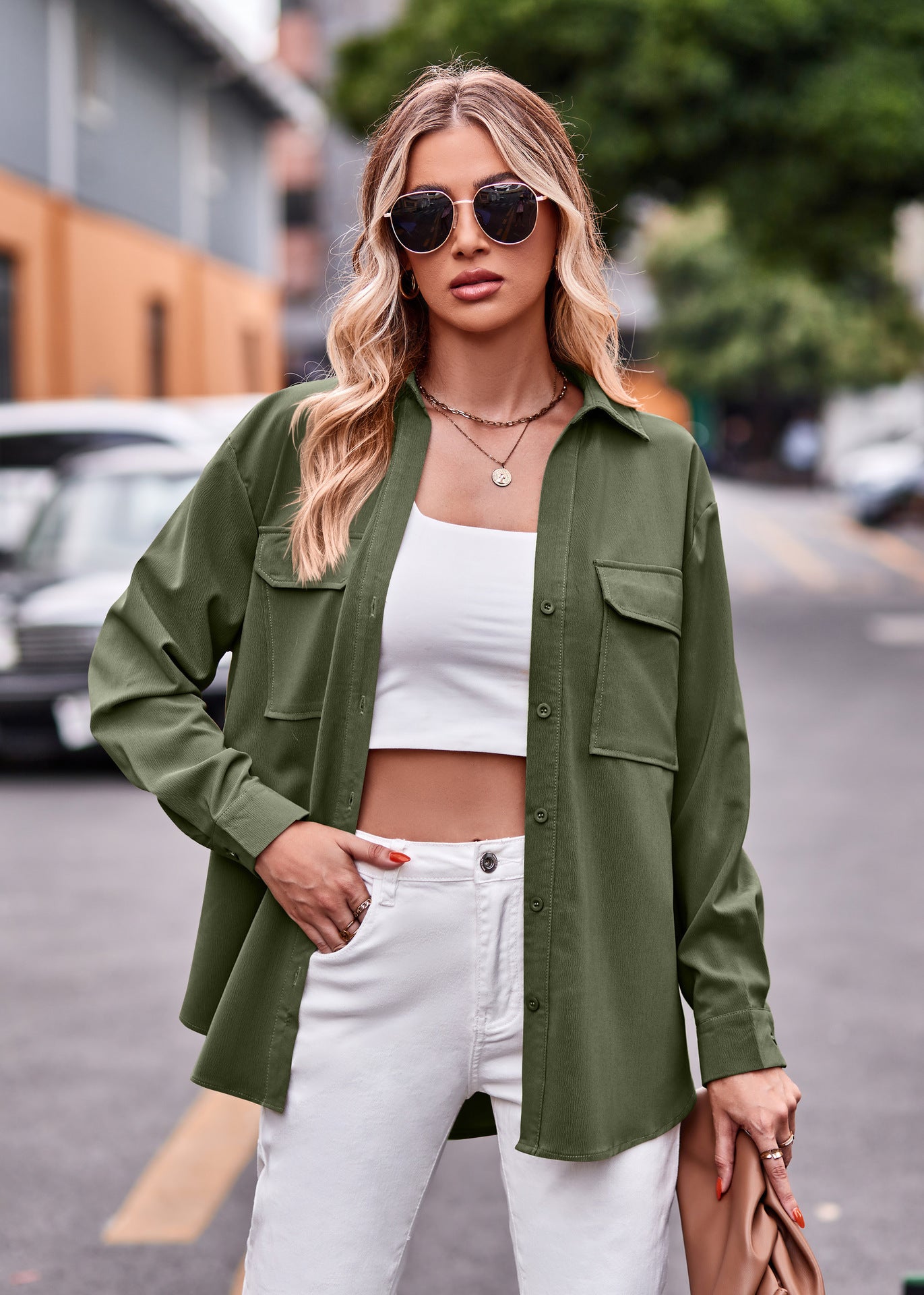 Damen lässige Hemdjacke mit großen aufgesetzten Taschen Sovae